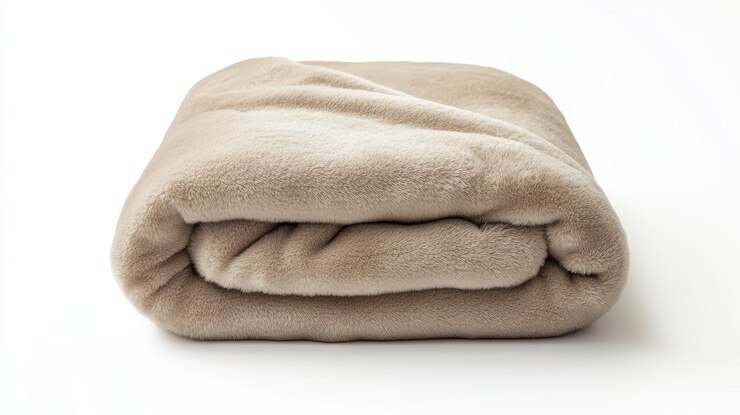 Soft beige blanket neatly folded on a white background perfect for cozy evenings