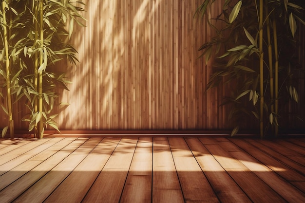 Soft e bellissimo fogliame di un albero di bambù tropicale che getta la luce del sole e le ombre delle foglie su una parete di pannello di legno marrone Ai generato