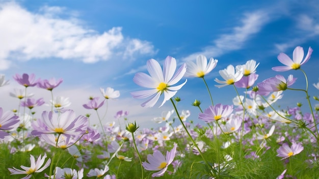 Soft focus dell'estate cosmo fiori campo con sfondo cielo blu