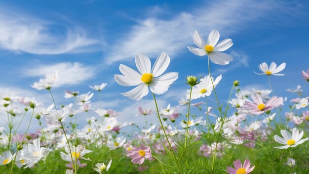 Soft focus dell'estate cosmo fiori campo con sfondo cielo blu