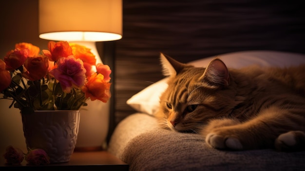 Soft Night Light In una stanza serena e buia una lampada notturna a forma di gatto su un comodino offre un bagliore caldo e gentile per un sonno sereno