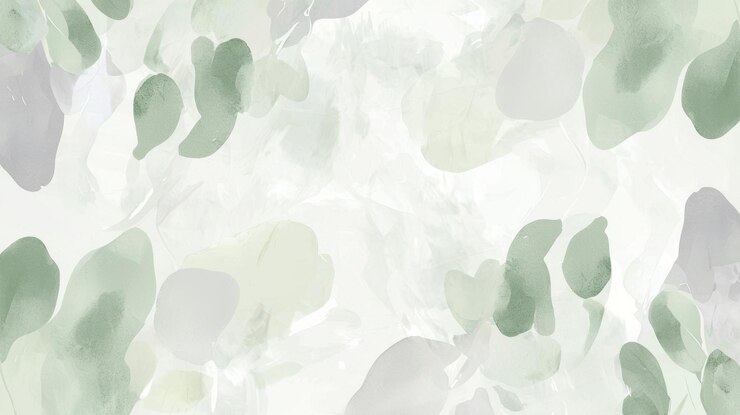 Soft verde e grigio spruzzi di acquerello si mescolano su uno sfondo bianco creando un calmante modello organico evocando la tranquillità con forme fluidi e colori sottili
