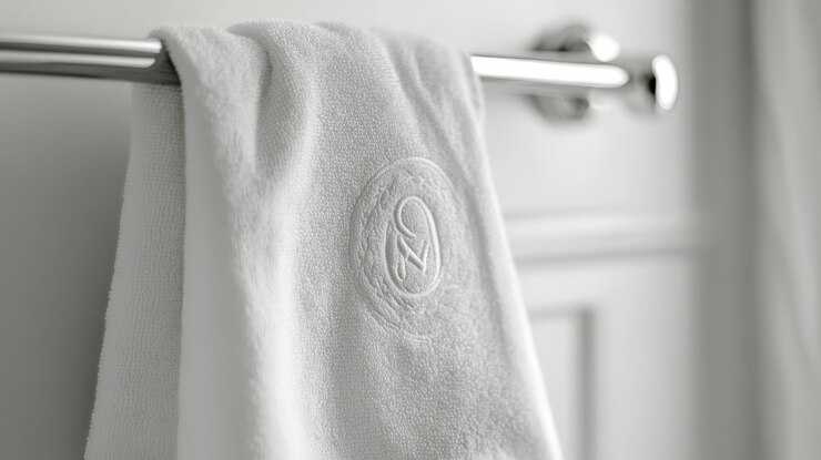 Soft white towel hanging on a chrome rack in a modern bathroom setting
