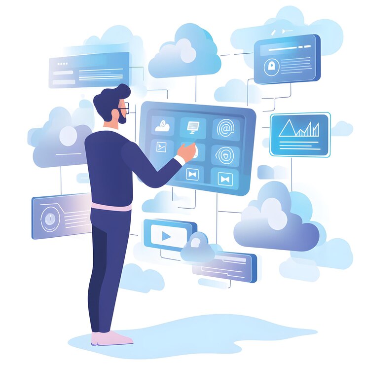 Foto software saas come concetto di servizio uomo d'affari che mostra schermo virtuale con icone cloud illustrazione