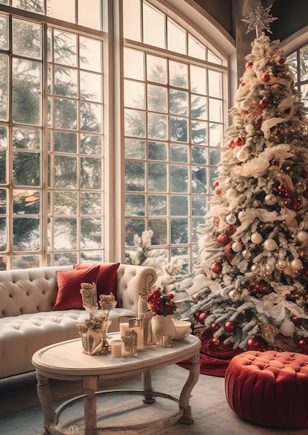 Soggiorno accogliente con albero di Natale e regali rossi in interni moderni Sfondo di buon Natale