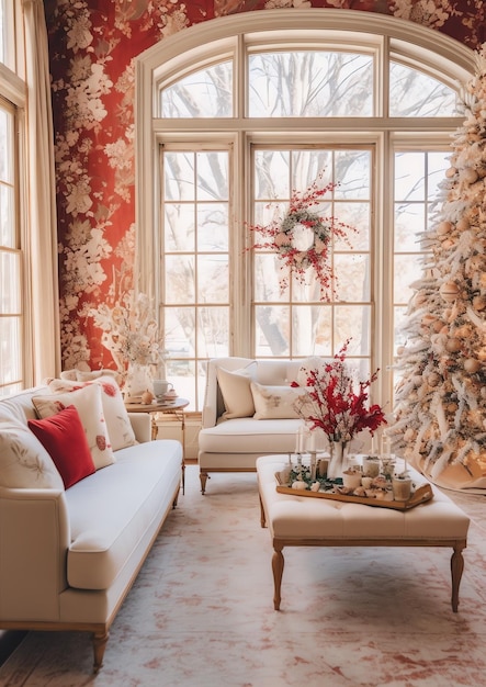 Soggiorno accogliente con albero di Natale e regali rossi in interni moderni Sfondo di buon Natale