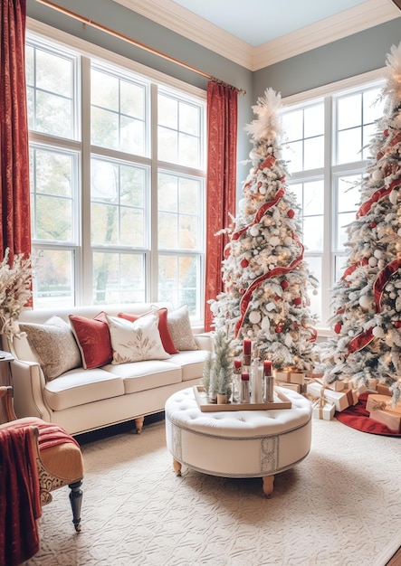 Soggiorno accogliente con albero di Natale e regali rossi in interni moderni Sfondo di buon Natale