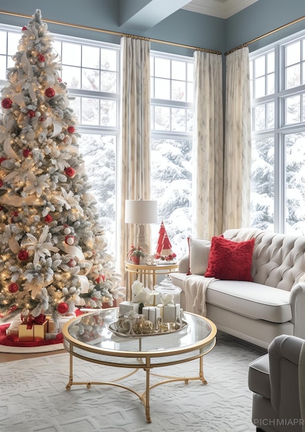 Soggiorno accogliente con albero di Natale e regali rossi in interni moderni Sfondo di buon Natale