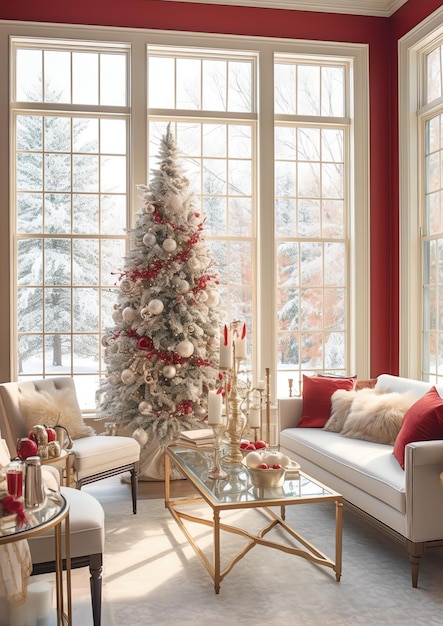 Soggiorno accogliente con albero di Natale e regali rossi in interni moderni Sfondo di buon Natale