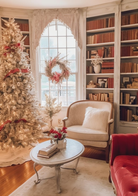 Soggiorno accogliente con albero di Natale e regali rossi in interni moderni Sfondo di buon Natale