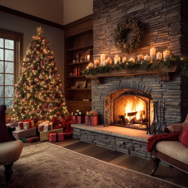 Soggiorno accogliente con caminetto scoppiettante e albero di Natale decorato