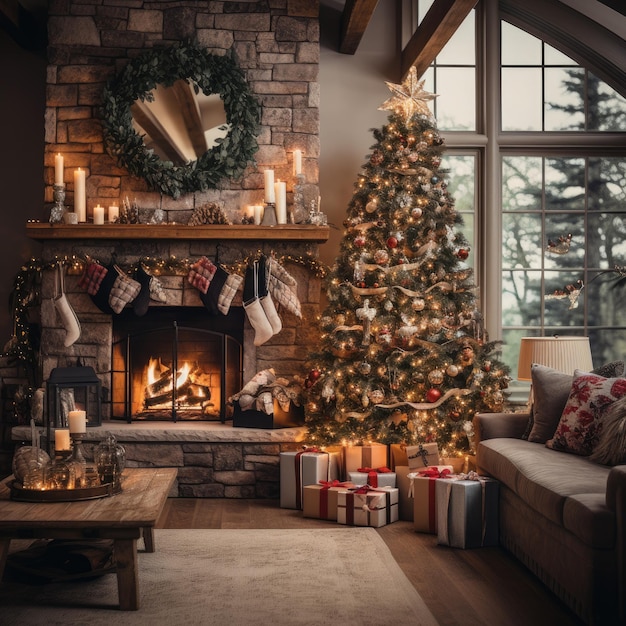 Soggiorno accogliente con un albero decorato e regali incartati