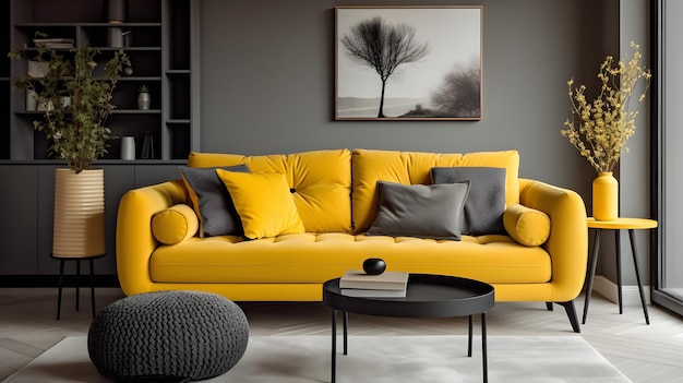 Soggiorno accogliente e vivace con cuscini gialli per divano e tavolino da caffè Immagine stock fo