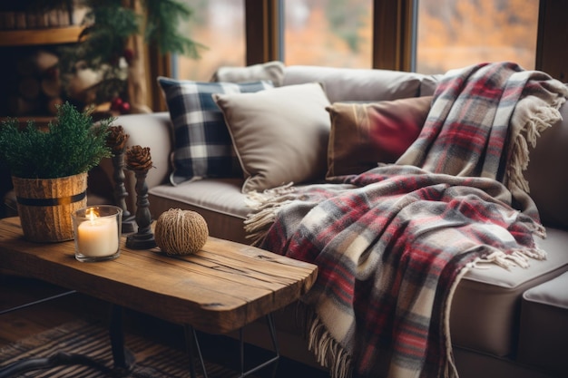 Soggiorno accogliente nella stagione invernale con un caldo plaid sul divano e un tavolino da caffè. Luogo di relax Interni eleganti per una vita confortevole