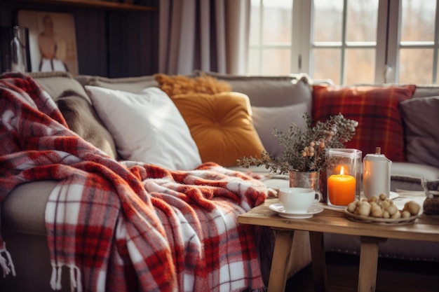 Soggiorno accogliente nella stagione invernale con un caldo plaid sul divano e un tavolino da caffè. Luogo di relax Interni eleganti per una vita confortevole