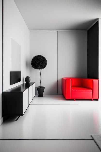 soggiorno bianco con sedia rossa di lusso e accenti di divano