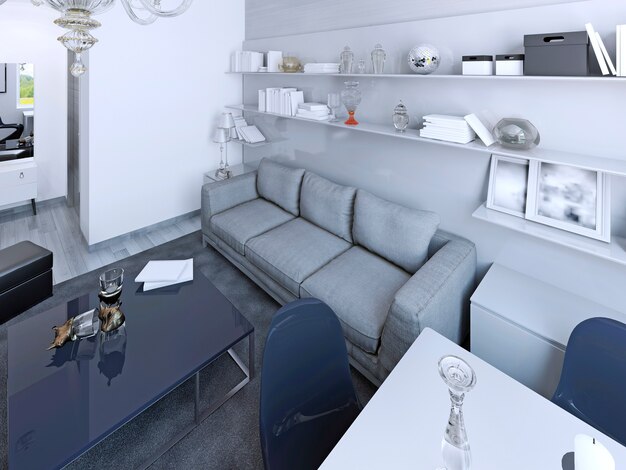 Soggiorno bianco in stile contemporaneo. Tavolino e sedie color navy. Parete attrezzata con ripiani bianchi. Rendering 3D