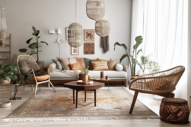 Soggiorno boho chic con mobili scandinavi dall'atmosfera retrò, colori tenui creati con intelligenza artificiale generativa