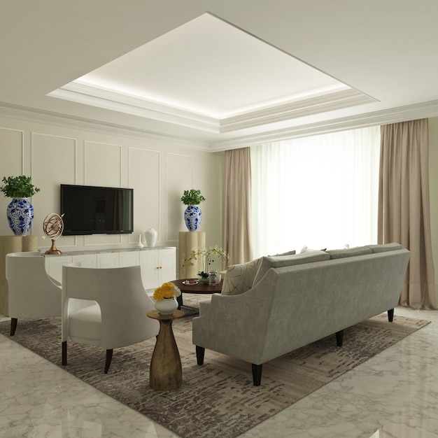 soggiorno classico moderno monocromatico con divano, poltrona e credenza