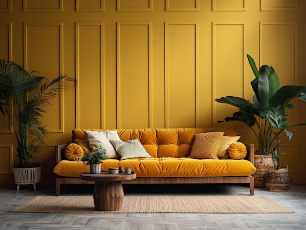 Soggiorno colorato giallo brillante con divano giallo e decorazioni in legno IA generativa