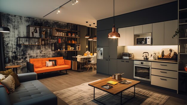 soggiorno con annesso cucina in un moderno appartamento studio