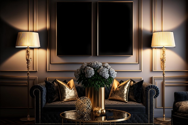 Soggiorno con decorazioni dorate Interior design in stile Art Déco