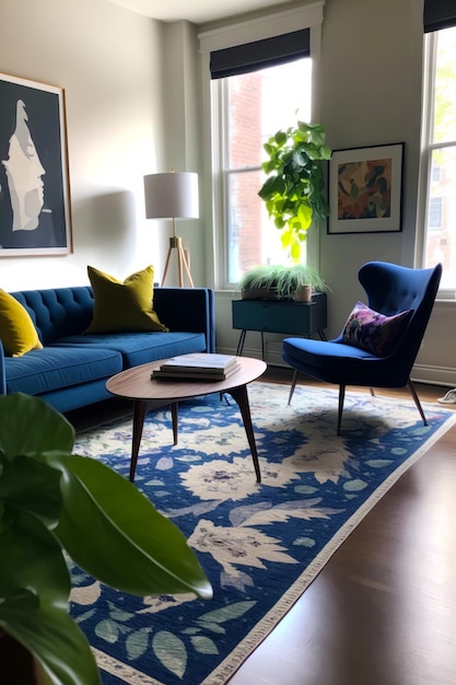 Soggiorno con divano blu sedia blu e tappeto blu IA generativa