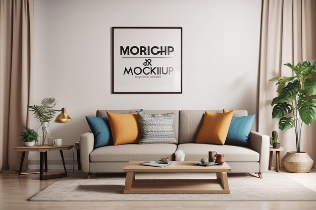 Soggiorno con divano mockup ed elementi decorativi