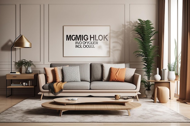 Soggiorno con divano mockup ed elementi decorativi