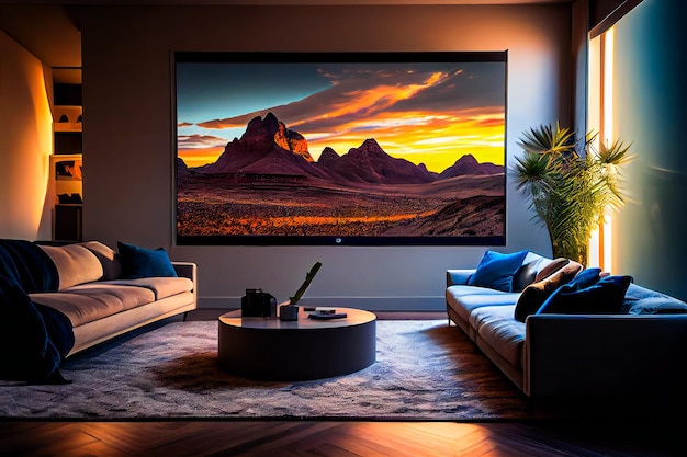 Soggiorno con grande TV a parete in camera in stile moderno Elegante soggiorno luxury con grande schermo tv Generative AIxA
