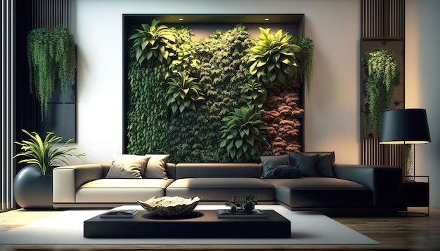 Soggiorno con piante da giardino verticali in interni di lusso IA generativa