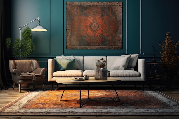 soggiorno con tappeto mobili decorati vintage fotografia pubblicitaria professionale