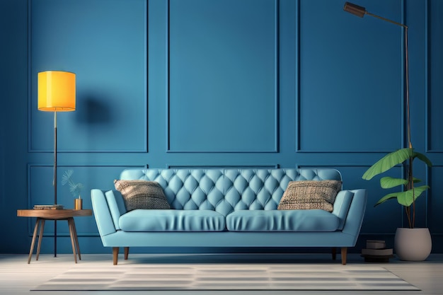 soggiorno con un divano blu e una parete blu