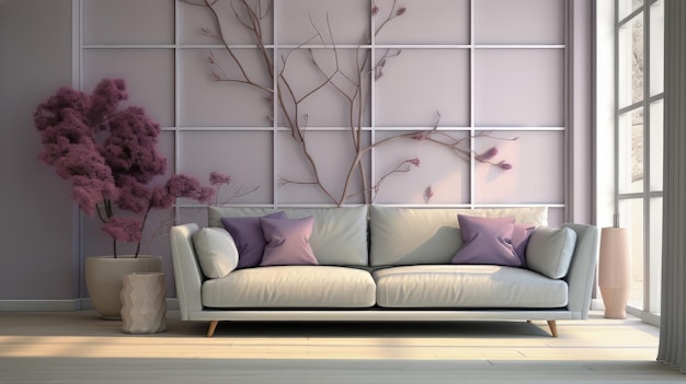 soggiorno con un divano e una parete con fiori viola