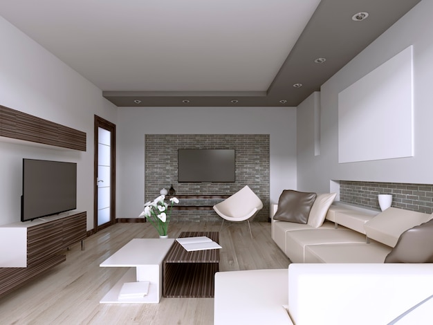 Soggiorno contemporaneo con ampia finestra che si affaccia sul cortile. Rendering 3D