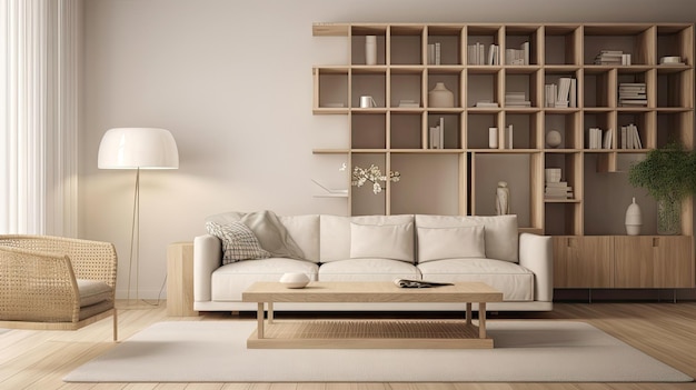 Soggiorno dal design d'interni minimale con toni beige accoglienti decorati con Generative Ai in legno