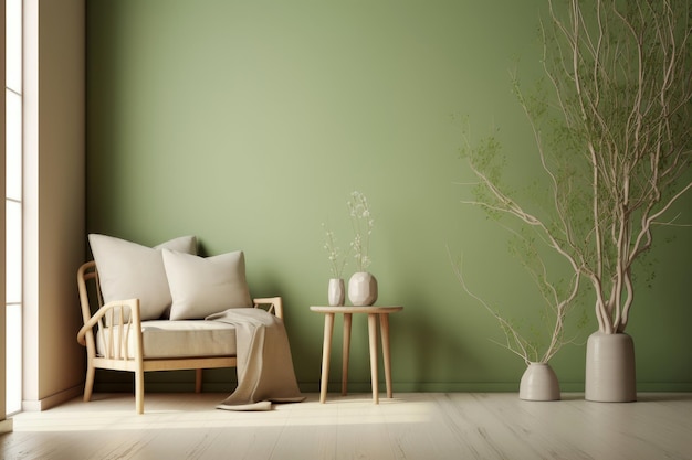 Soggiorno dal design d'interni minimale con uno stile tono accogliente beige decorato con poltrona Generative Ai