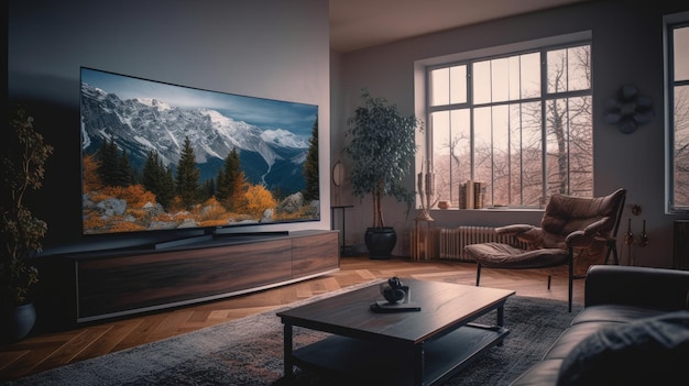 Soggiorno dal design elegante con grande schermo televisivo Al generato