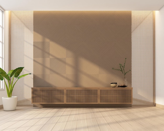 Soggiorno decorato con parete minimalista in legno con mobile tv e porta scorrevole a grata in legno