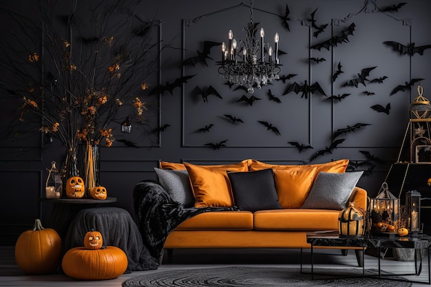 Soggiorno decorato per Halloween Interni dal design moderno e creativo IA generativa