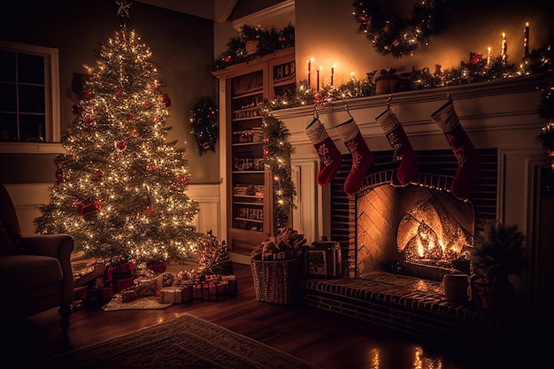Soggiorno decorato per l'albero di pino orizzontale dell'insegna del nuovo anno e di Natale, il camino e l'illustrazione piana interna domestica di feste delle ghirlande.