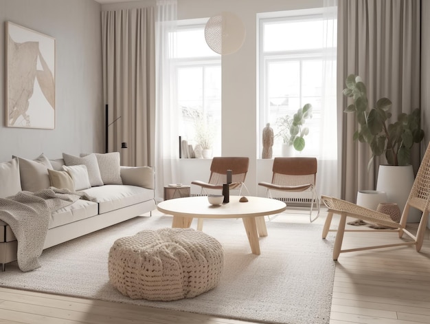 Soggiorno di design d'interni scandinavo con grande finestra AI generativa