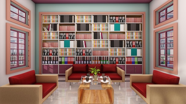 Soggiorno e divano marrone marrone con sfondo libreria. Rendering 3D