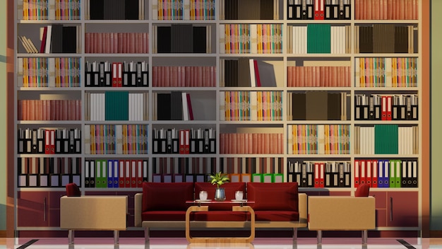 Soggiorno e divano marrone marrone con sfondo libreria. Rendering 3D