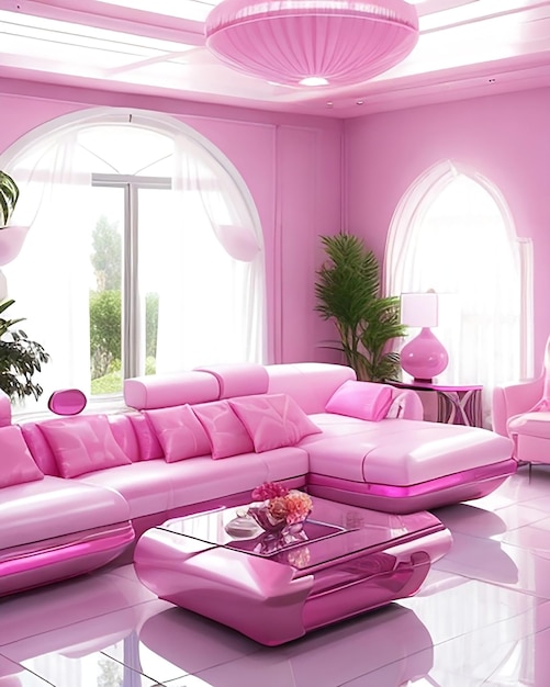Soggiorno futuristico rosa con ai generato e soggiorno
