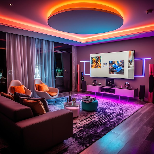 Soggiorno home cinema con illuminazione LED colorata