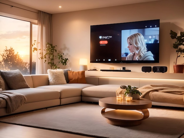 Soggiorno immerso nella morbida luce della sera, ambiente accogliente, Smart TV con logo dei comandi vocali sullo schermo