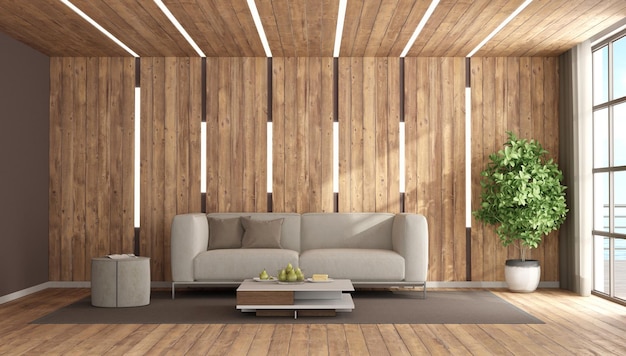 Soggiorno in legno con divano e luce led