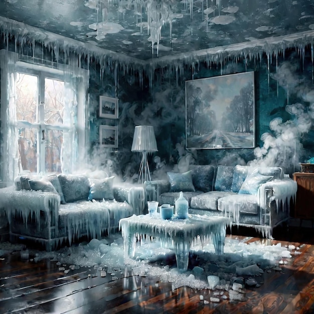 Soggiorno interno della casa freddo estremo freddo invernale congelato e coperto di ghiaccio