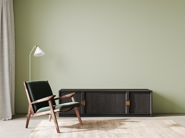 Soggiorno interno minimalista verde con console sedia verde e lampada da terra rendering 3d